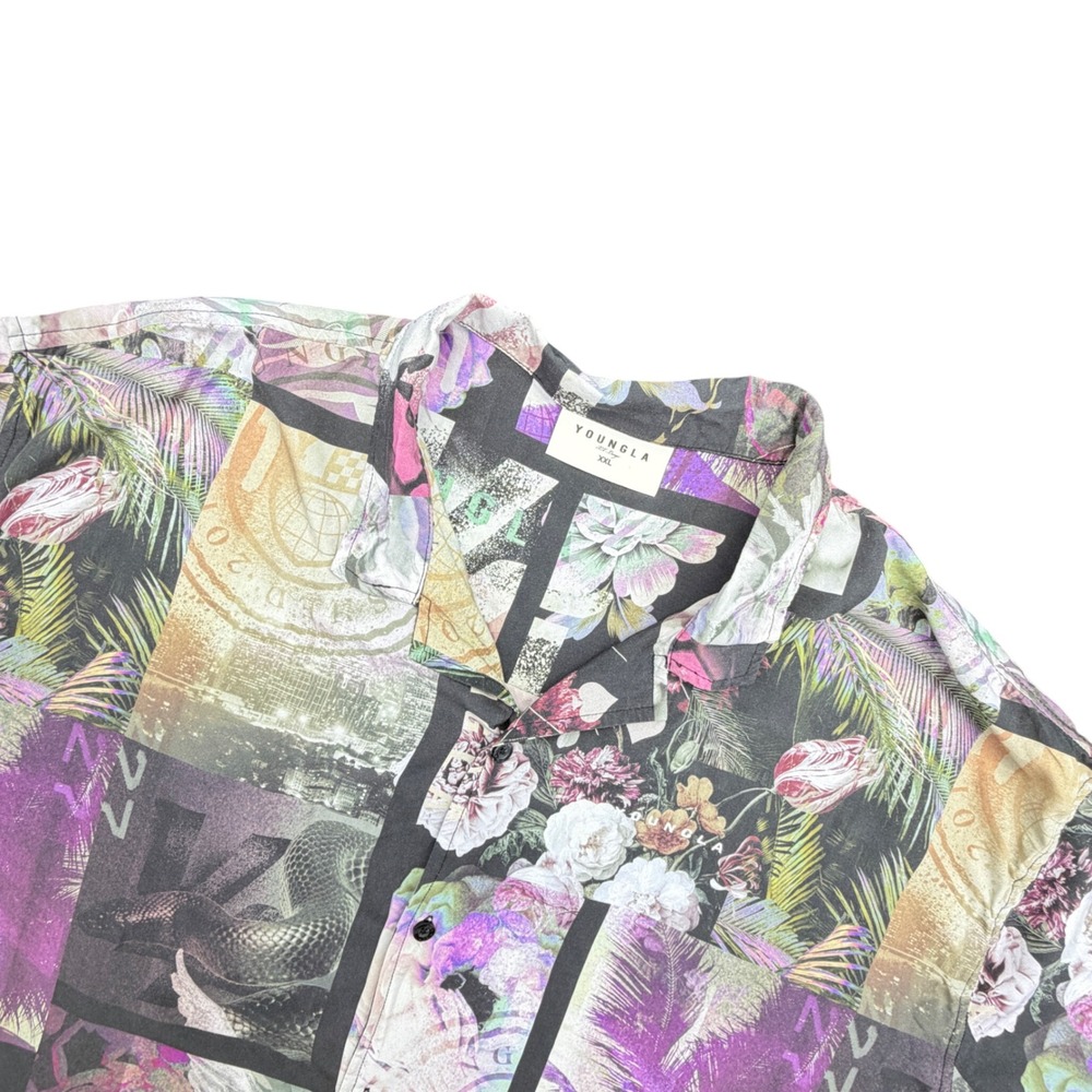 YoungLA Shirt Mens XXL Hawaiian Viscose Collage Floral Graphic Button Up